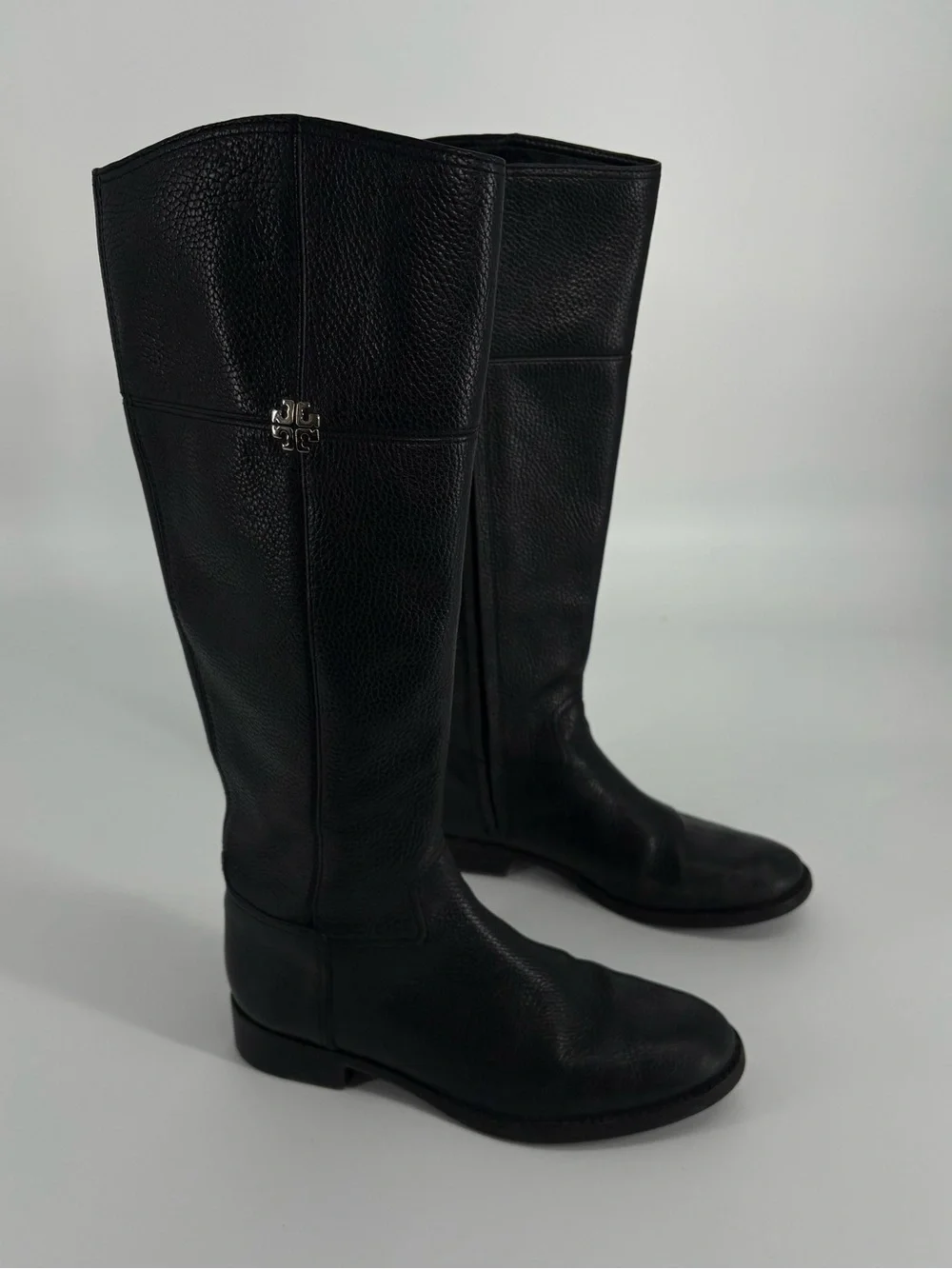 Tory Burch Black Pebbled Leather Knee Boots with Logo Emblem